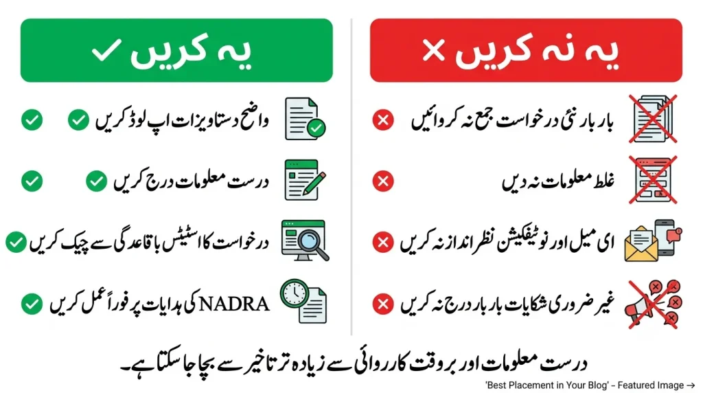 An Urdu infographic detailing the do's and don'ts of the NADRA application process on a white background, featuring a green 'Do This' section with clear instructions and a red 'Don't Do This' section highlighting common mistakes.