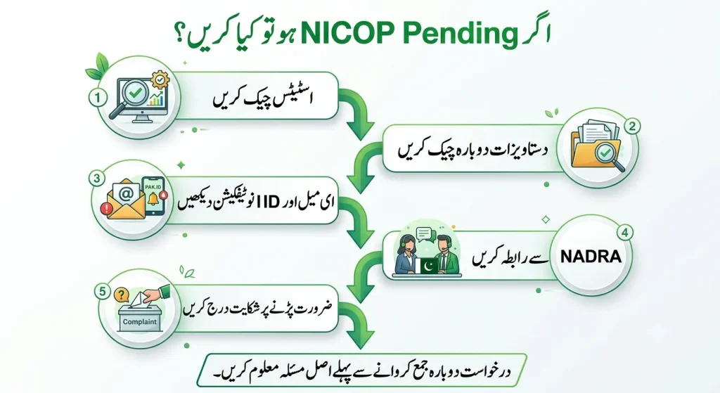 Step-by-step Urdu infographic guide on what to do if a NADRA NICOP application status is pending, featuring a clean green and white design with modern official icons.