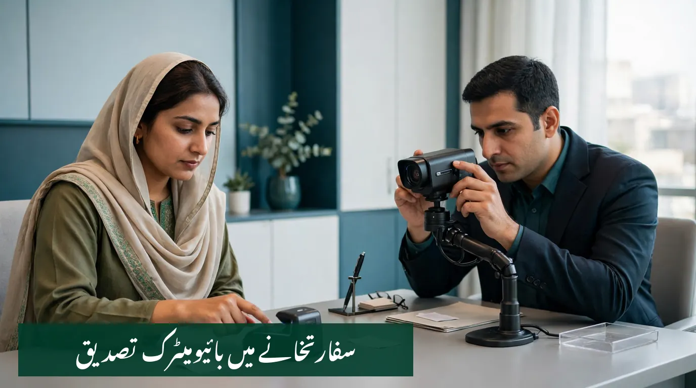 Pakistani applicant giving fingerprints at a NADRA counter inside an embassy abroad